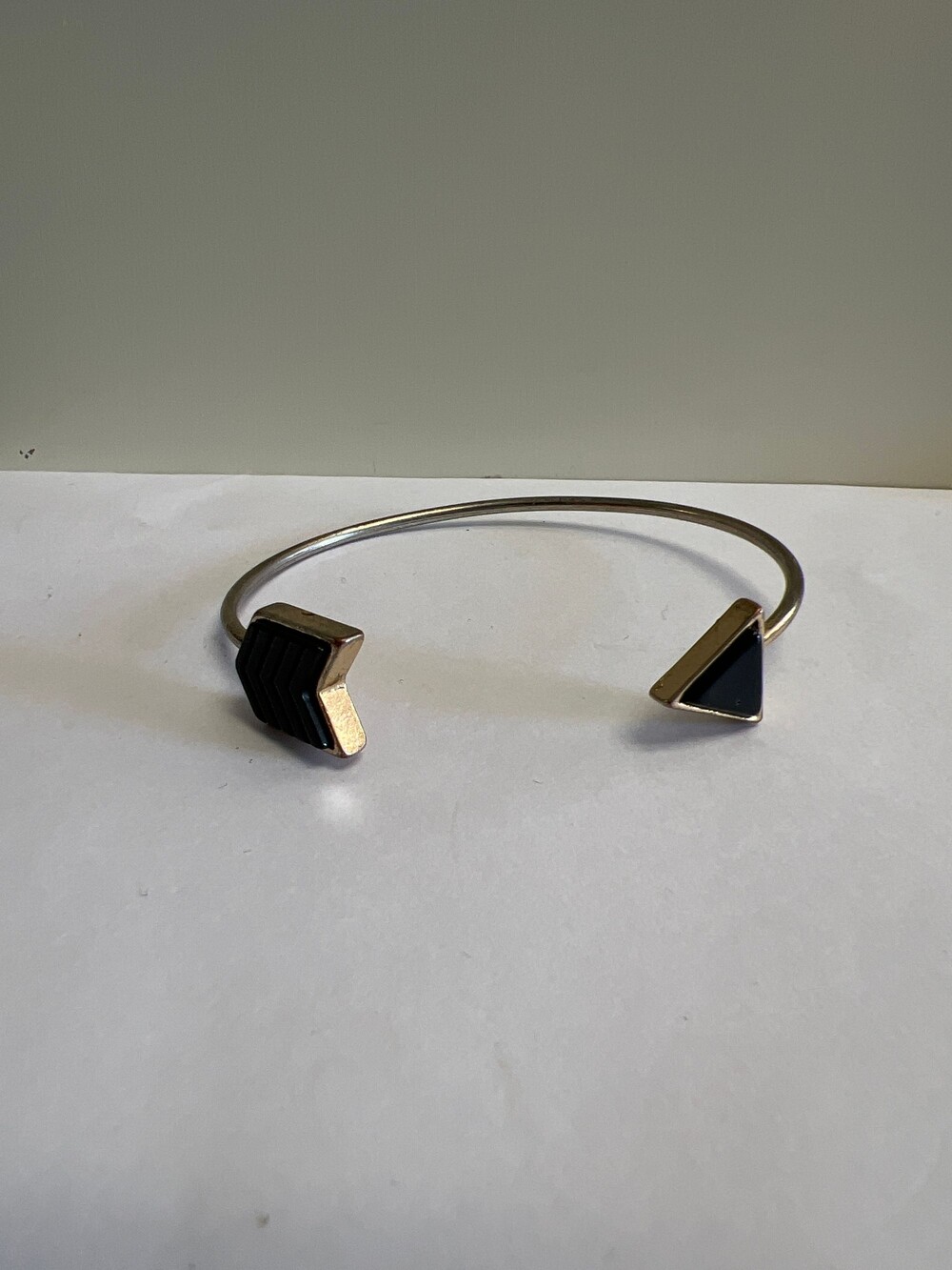 Silver Cuff Bracelet Open-Ended Black Geometric Accents
